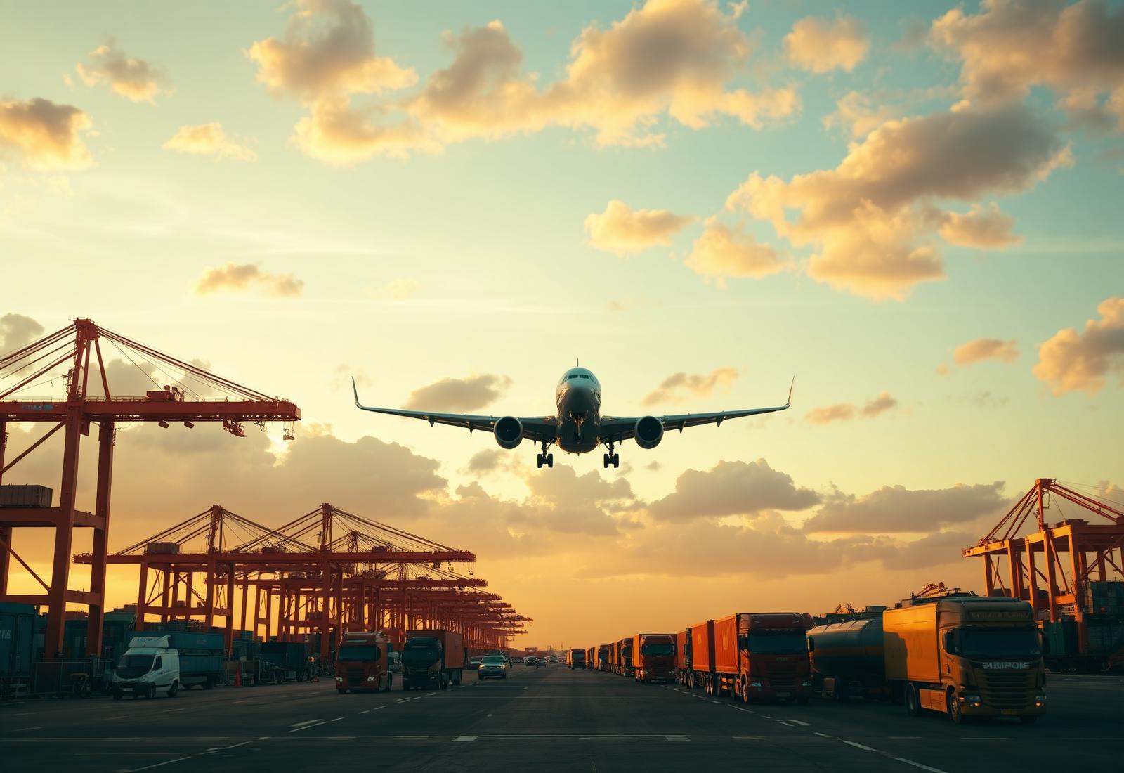 Cargo plane over sunset shipping port